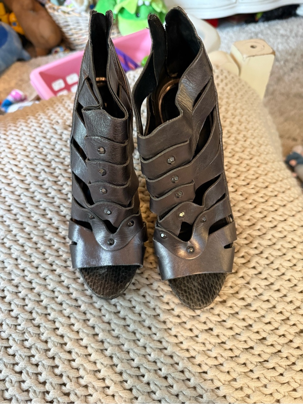 Cutout Open-Toe Heeled Booties in Metallic Brown